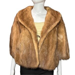 Vintage EMBA Pastel Natural Brown Mink Capelet Jacket Royal Quality L 3/4 Sleeve